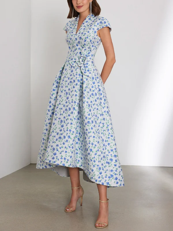 V-Neck Short Sleeve Print Midi Dress