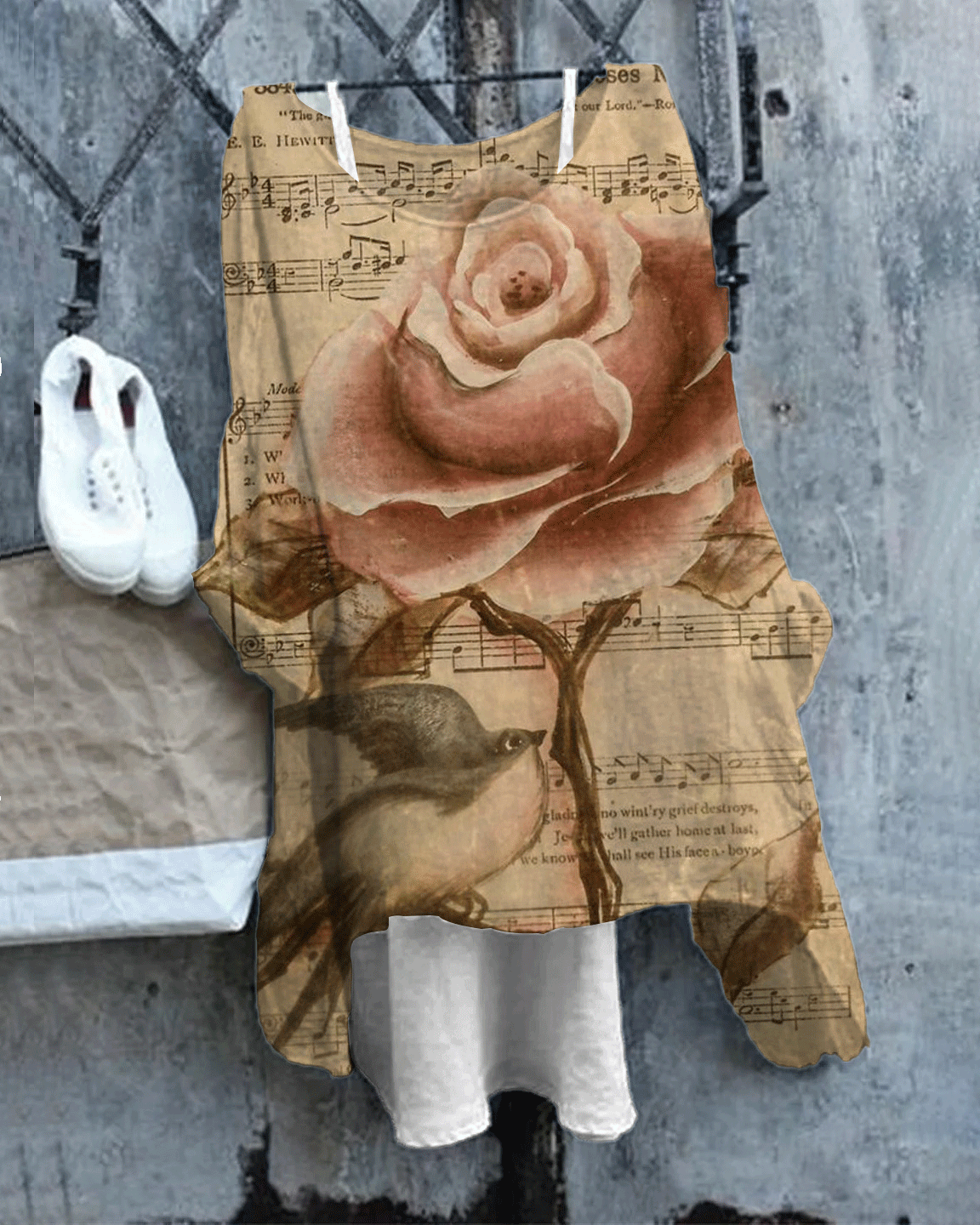 Women's Vintage Sheet Music and Rose Print Linen Blend Flowy Tunic