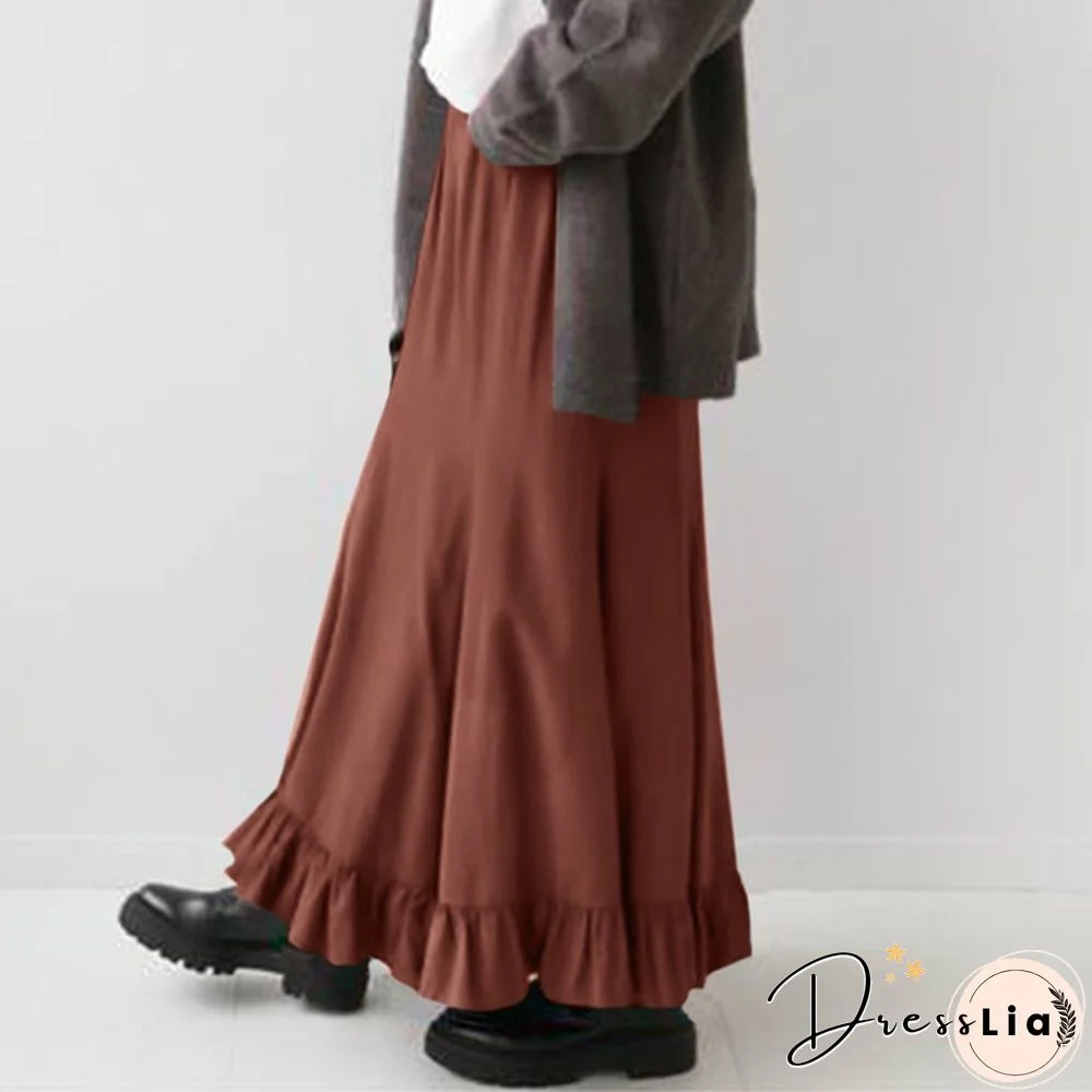 Stylish Women Vintage High Waist Loose Long Skirt Ruffled Hem Summer Skirt Dress