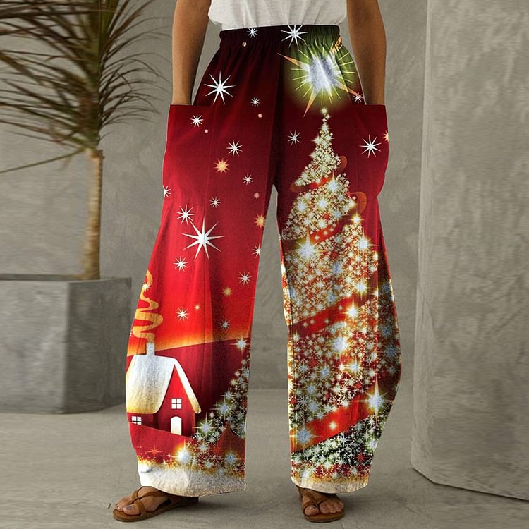 Shining Christmas Tree Pattern Print Women Wide-leg Festival Pants