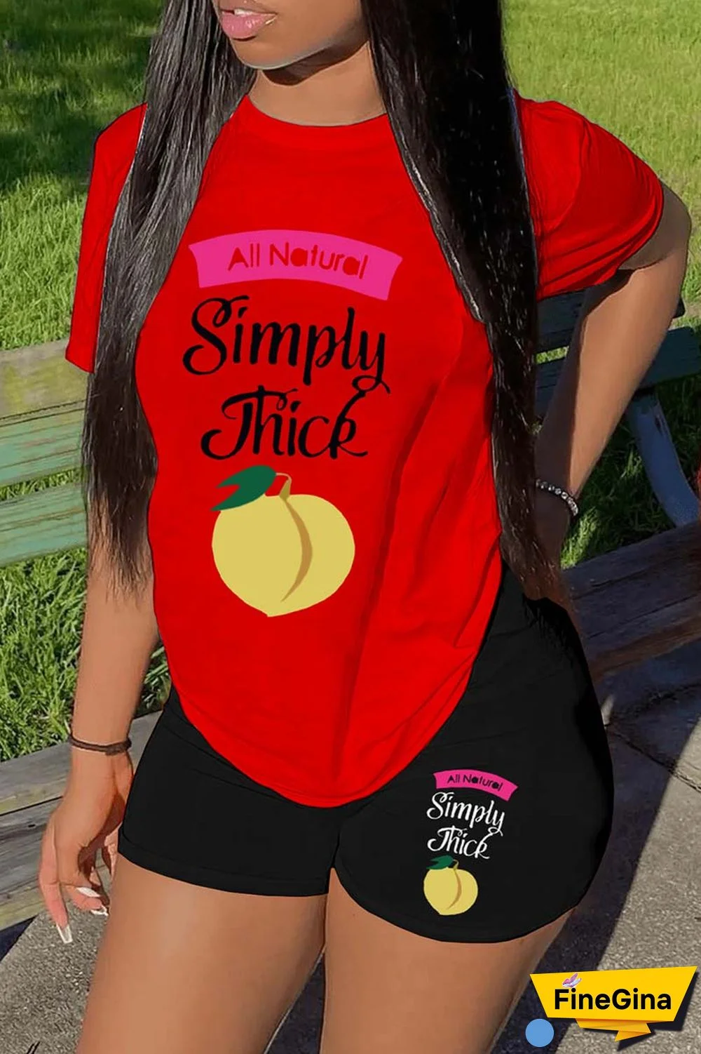 Blue Red Casual Print Basic O Neck Short Sleeve Two Pieces