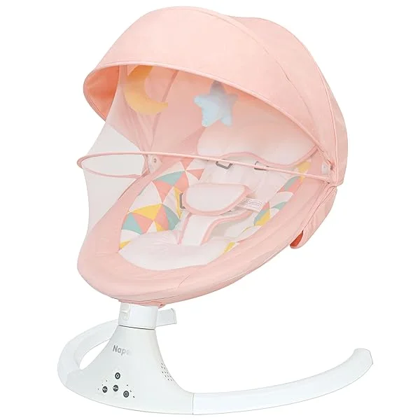 Napei Baby Swings for Infants,Bluetooth Baby Bouncer,Electric Portable Baby Swing for Newborn with 5 Speed & Music Speaker,Touch Screen/Remote Control Baby Rocker with 5 Point Harness for 5-20 lb Pink-updated