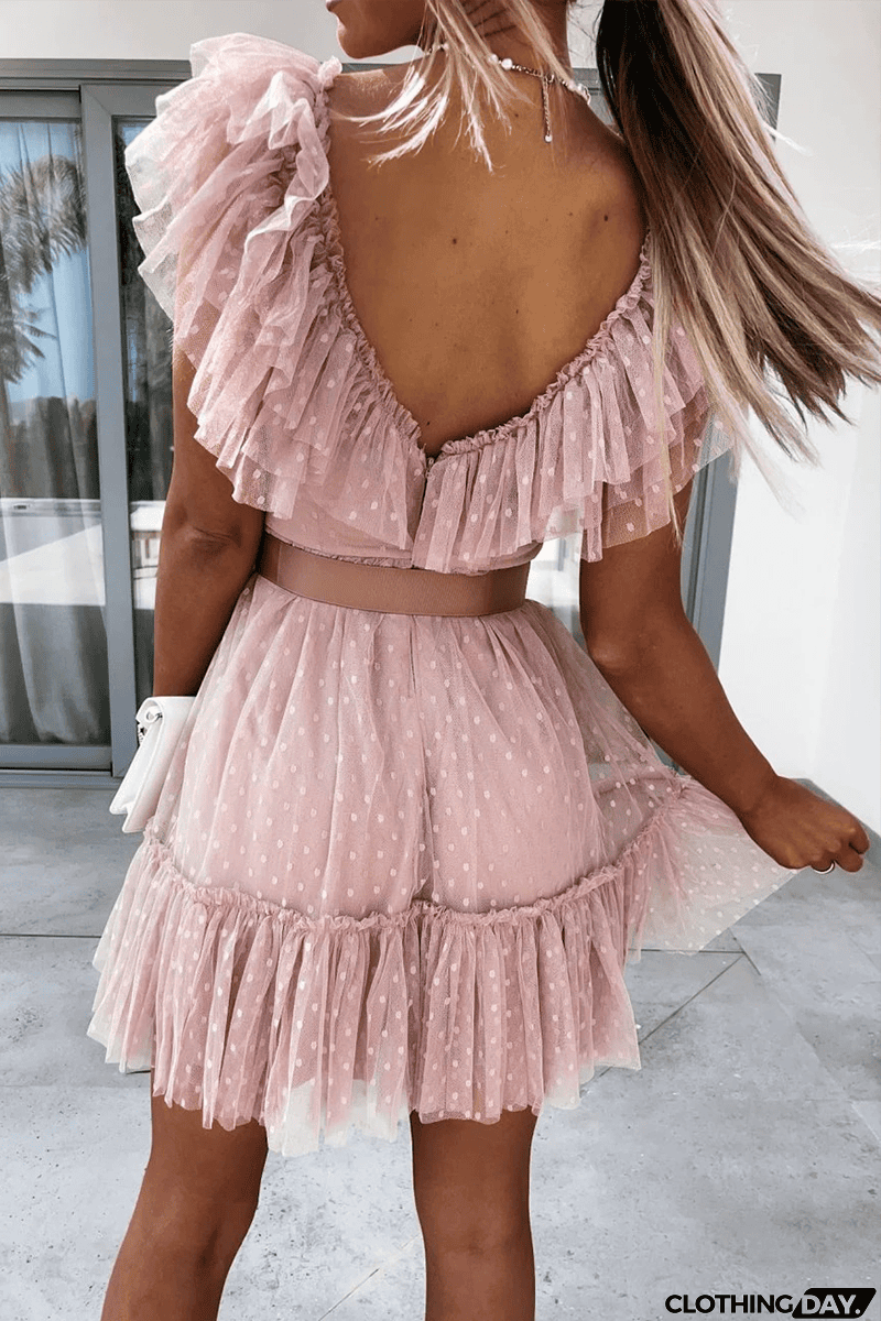 Dot Mesh V Neck Cake Skirt Dresses