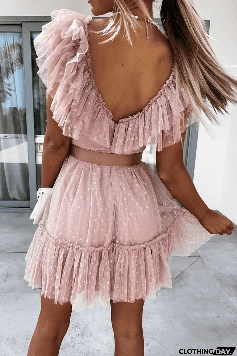 Dot Mesh V Neck Cake Skirt Dresses