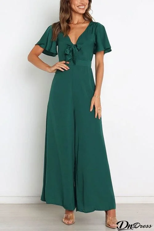 Tie Cutout Short Sleeve Jumpsuits