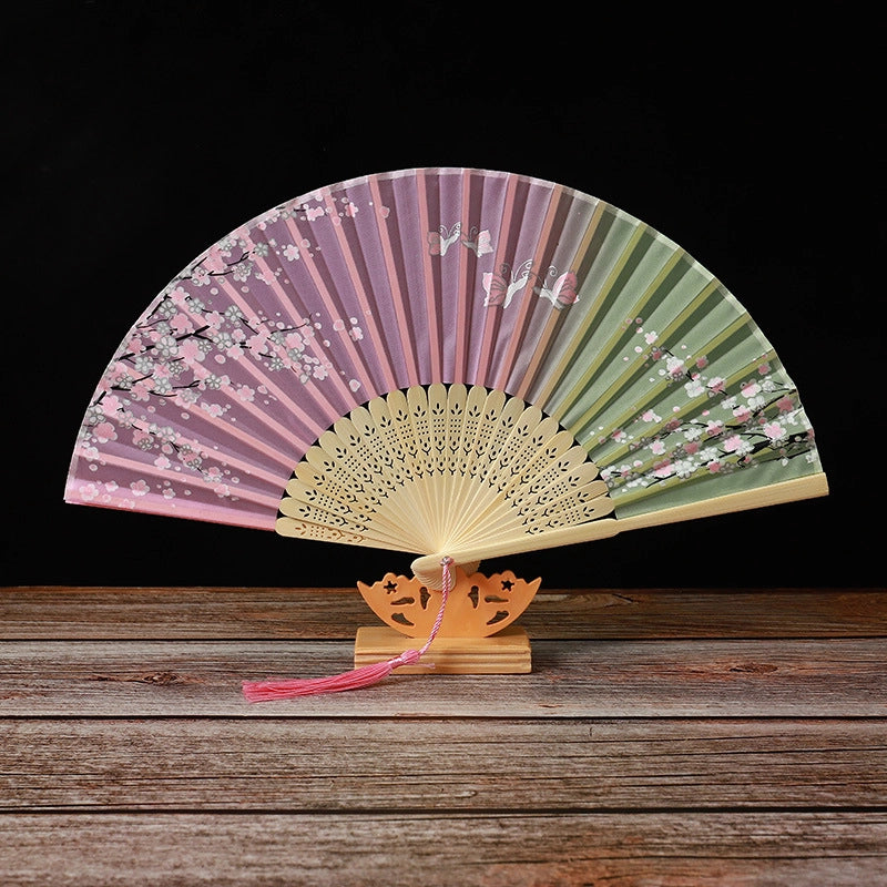 Bamboo Two Green Folding Fan Smile Fan Female Antique Fan Dance Fan Folding Fan Student Gift Elegant Fan