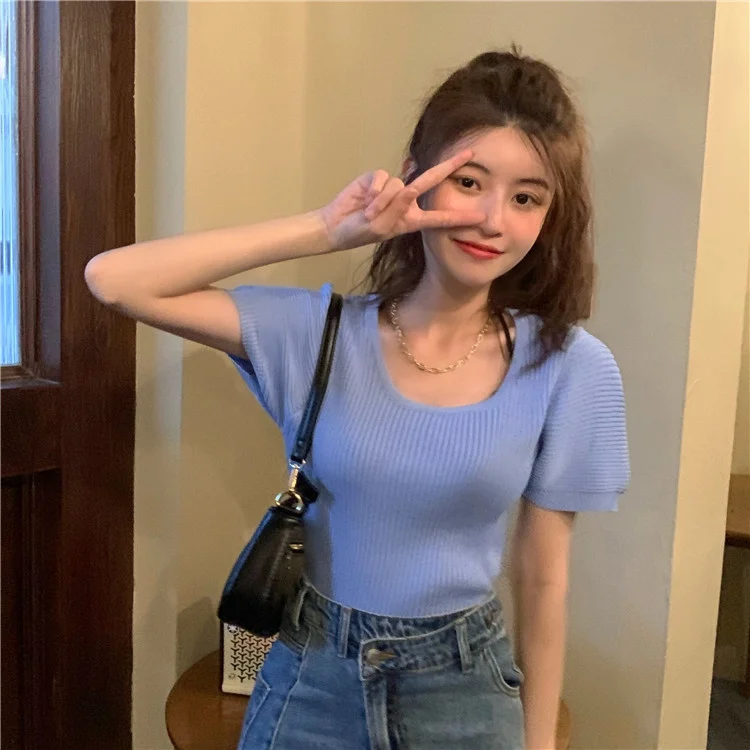 Uveng Uveng New Chic Temperament Slimming Foam Sleeve Round Collar Knitted Short-Sleeved T-Shirt White Blouse Tide