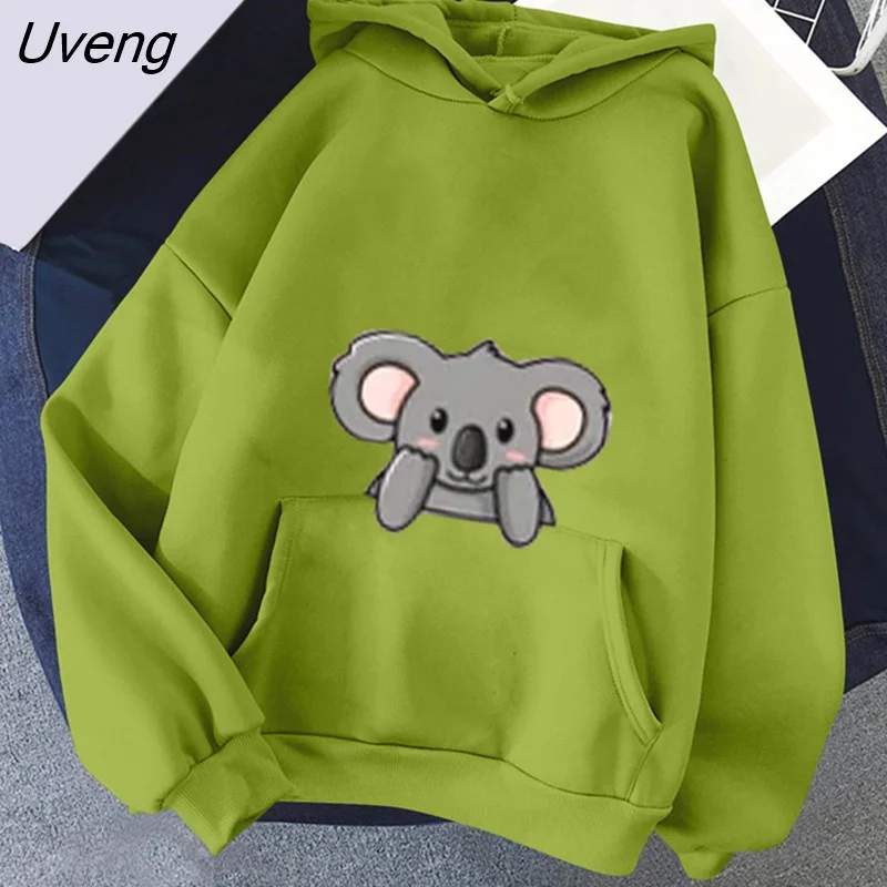 Uveng Kawaii Cartoon Koala Print Hoodies Women Pullover Warm Casual Oversize Hoodie Sweatshirt Korean Clothes Female Sudadera