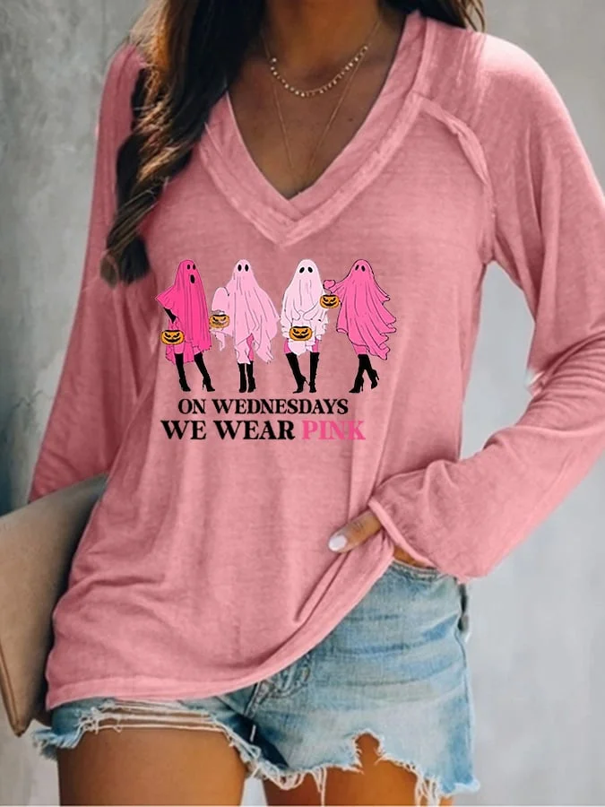 Women's Halloween Breast Cancer On Wednesday We Wear Pink Cute Ghost Pumpkin V-Neck Long-Sleeve T-Shirt socialshop