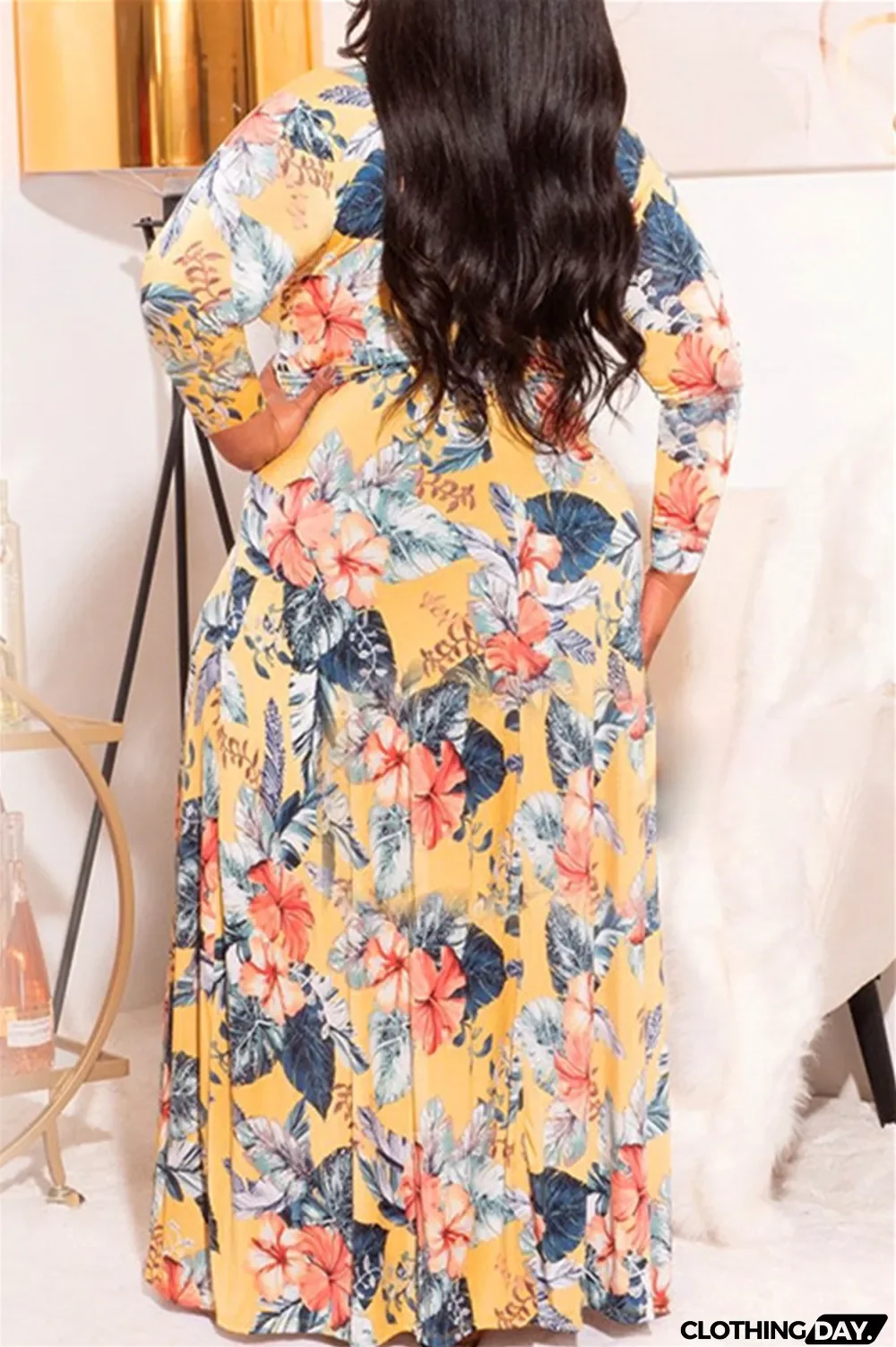 Green Fashion Casual Plus Size Print With Belt V Neck Long Sleeve Dresses