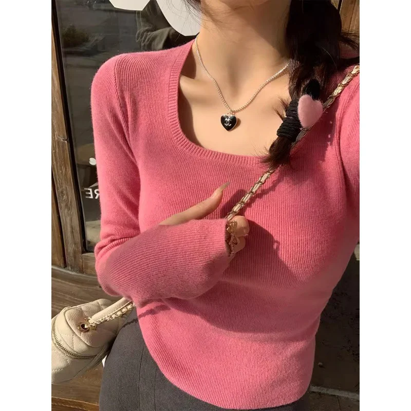 Uveng Uveng Bottomed Women's 2024 New Spring And Autumn Gray Sweater To Collar Knitted Shirt High-End Feel Inside The Top