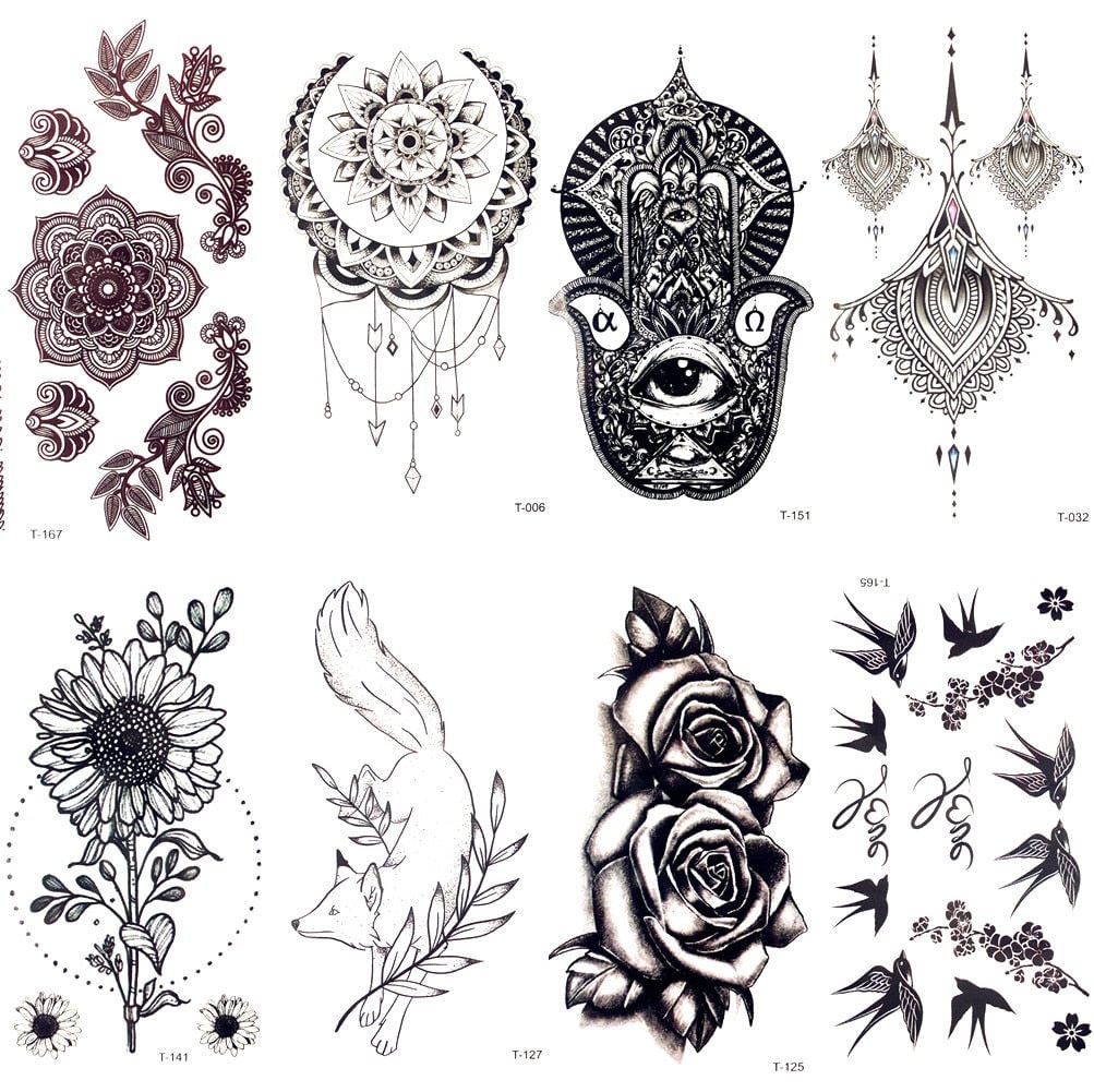Black Lace Hamsa Mandala Flower Henna Fake Tattoo Women Faske Jewelry Body Hands Art Temporary Tattoo Stickers Girls Arm Tatto