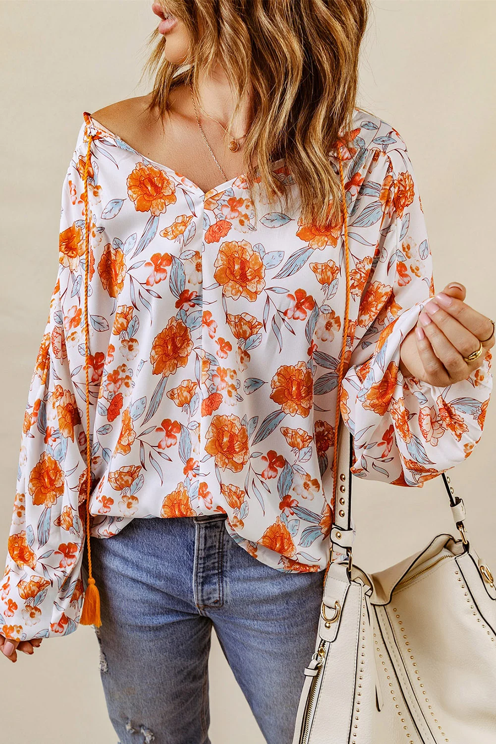 Orange Split V Neck Floral Print Dolman Blouse | IFYHOME