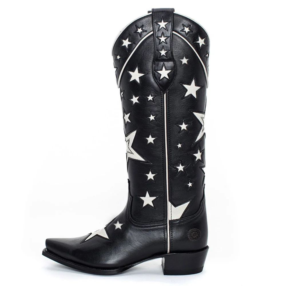 Black Vegan Leather Cowgirl Boots White Star Prints Low Heel Boots For Women Nicepairs