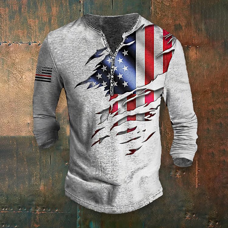 BrosWear Irregular American Flag Print Henry T-Shirt