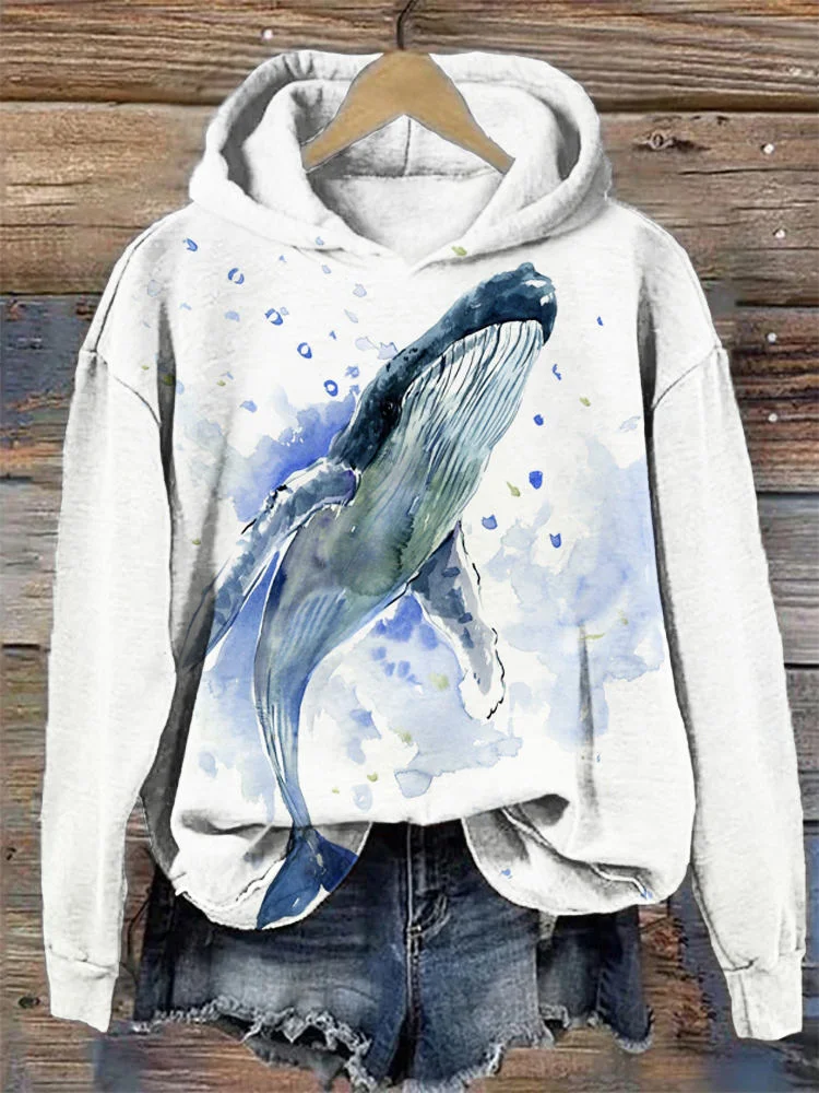 Wearshes Watercolor Whale Print Hooded Sweatshirt