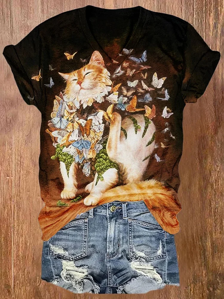 Vintage Flowers Cute Butterfly Cat Print T-shirt