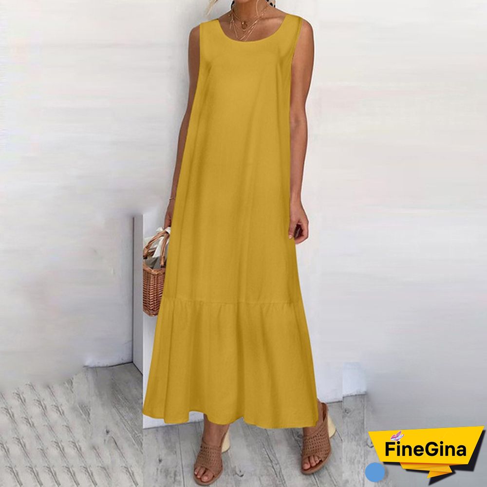 Womens Sleeveless Vest Long Dress O Neck Solid Color Party Casual Loose Summer Maxi Dresses Plus Size