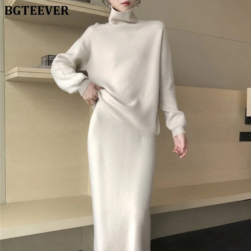 BGTEEVER Autumn Winter Ladies 2 Pieces Sweater Set Women Turtleneck Pullover Jumpers & Elastic Mid-length Pencil Knitted Skirts