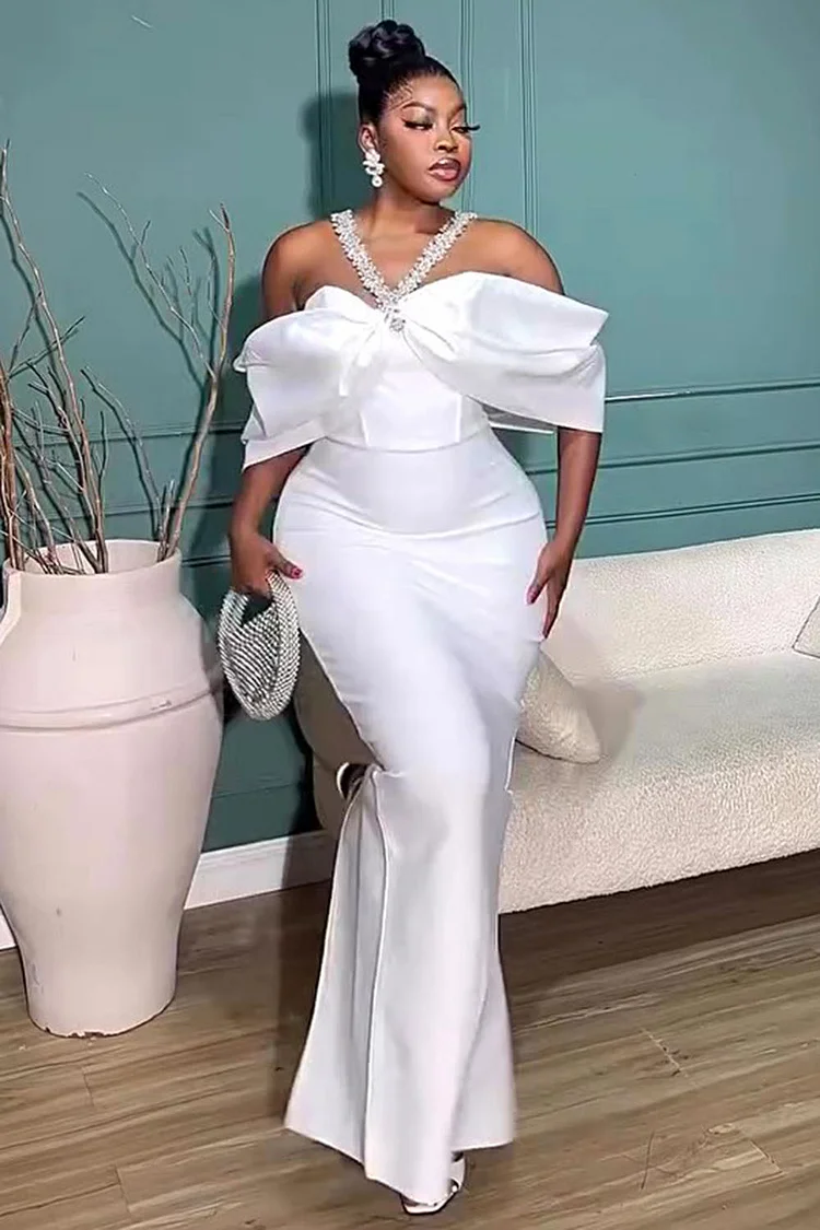 Diamante Straps Bow Decor Slim-Fit Party Maxi Dresses-White [Pre Order]