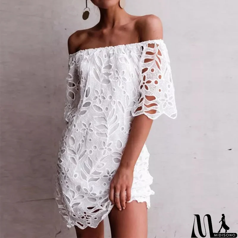 MidiSono - Solid Color Lace Fashion Short Sleeve Dress