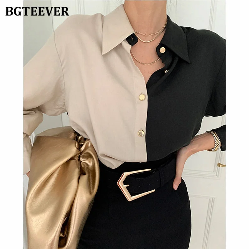 BGTEEVER Spring Chic Women Single-breasted Patchwork Shirts Tops Elegant Turn-down Collar Long Sleeve Loose Female Blouses 2021