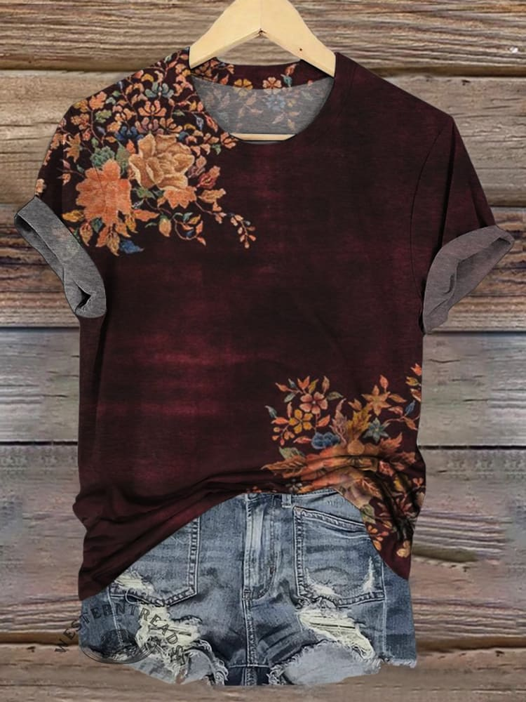 Elegant Vintage Floral Pattern Neck-Neck T-Shirt