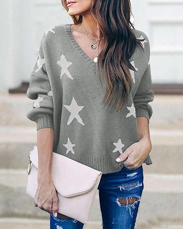 Cotton-blend Pullover V Neck Star Print Casual Loose Sweater - Chicaggo