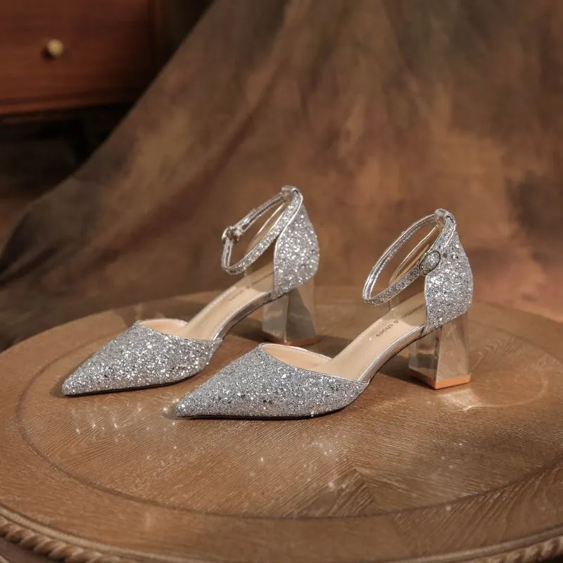 Breakj Breakj Shoes Crystal Shoes Women Wedding Shoes White Wedding Shoes Coarse Hedliers Buckle High Heels