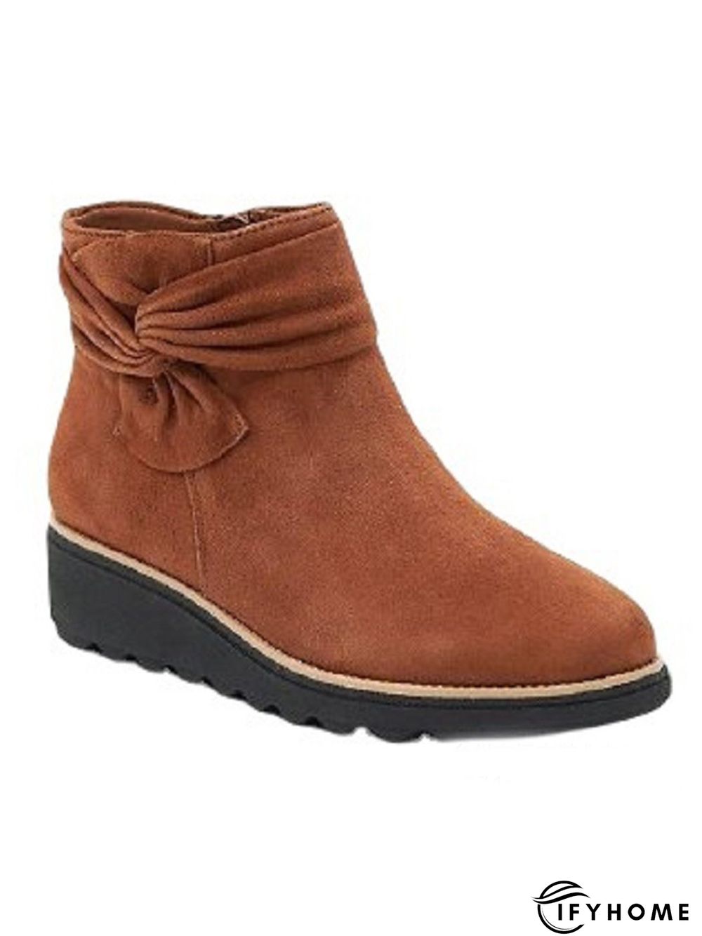 Comfortable Soft Leather Bow Round Toe Low Heel Booties | IFYHOME