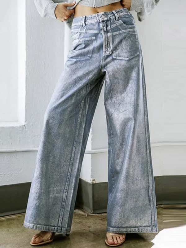 High Waisted Loose Printed Split-Joint Jean Pants Bottoms