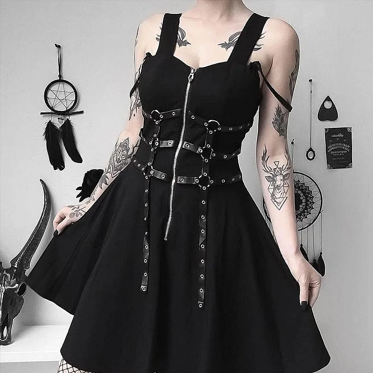 GOTH TRIPLE BELT ZIPPER BLACK MINI DRESS