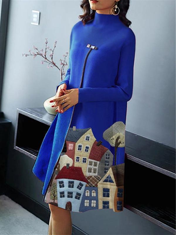 Women Long Sleeve Turtle Neck Printed Midi Dress