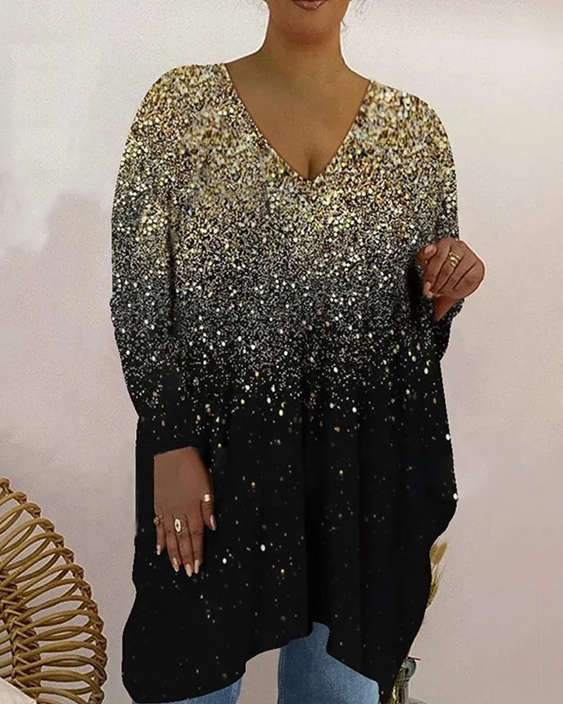 Women's Shiny Sequin V Neck Long Sleeve Plus Size Top