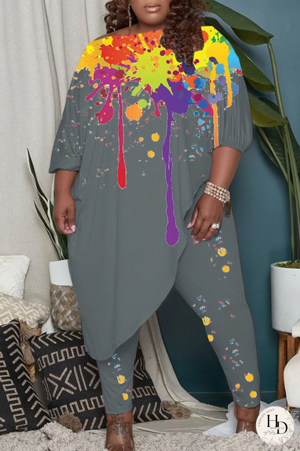 Grey Casual Print Patchwork Asymmetrical Off the Shoulder Plus Size Two Pieces