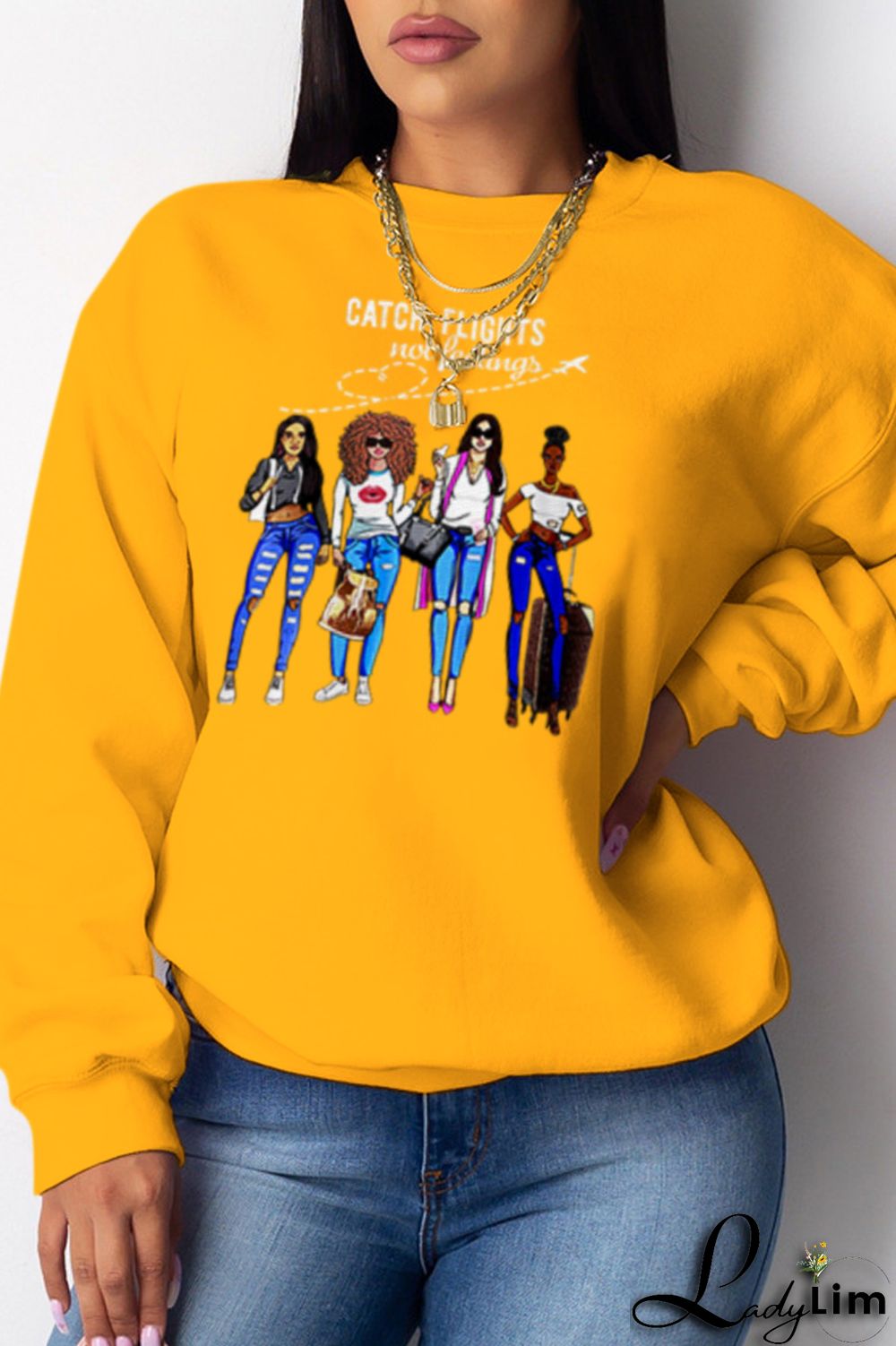 Yellow Fashion Street Print Patchwork O Neck Tops