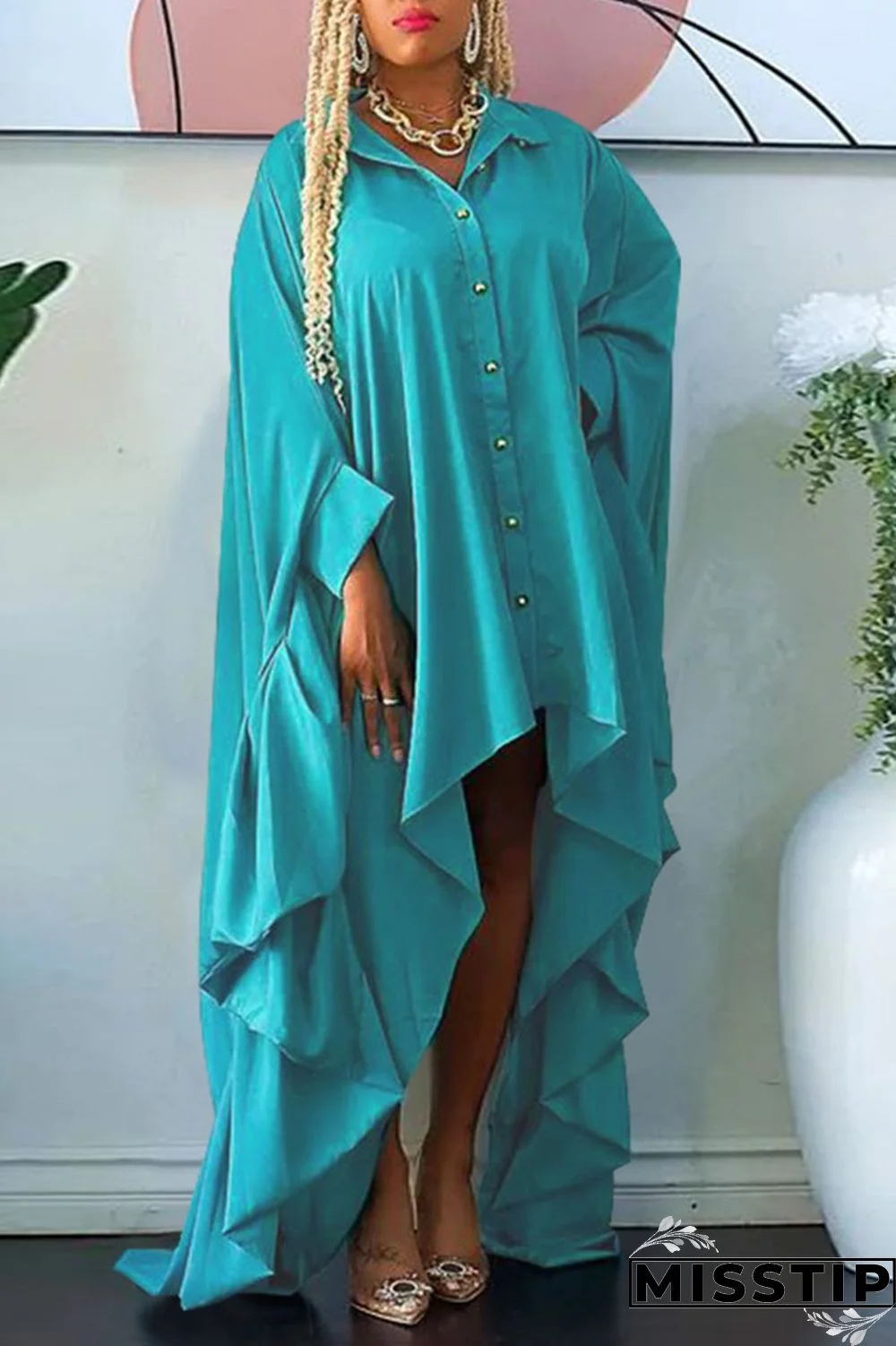 Green Casual Solid Patchwork Buckle Asymmetrical Turndown Collar Irregular Dress Plus Size Dresses