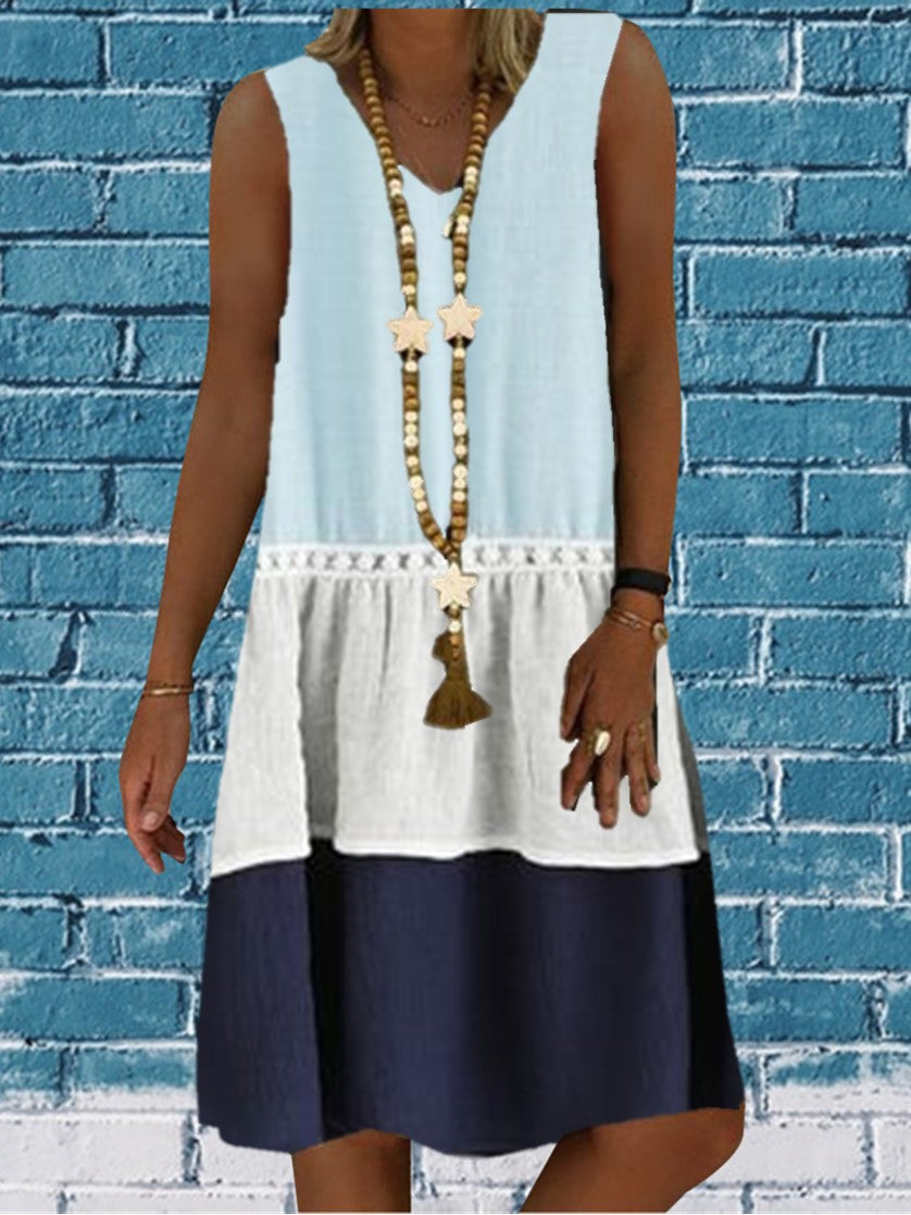 Women Sleeveless V-neck Color Block Print Stitching Midi Dress