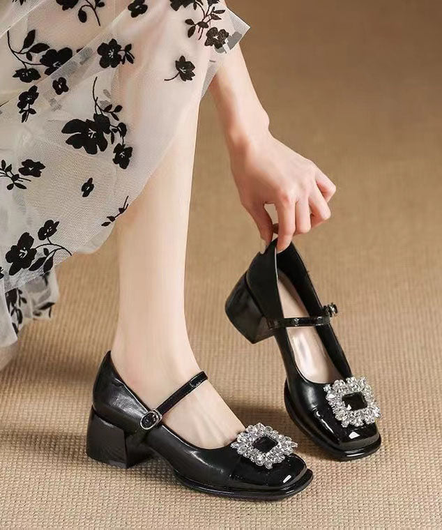 VCSHOES Splicing Buckle Strap Zircon Chunky Heel Black Faux Leather