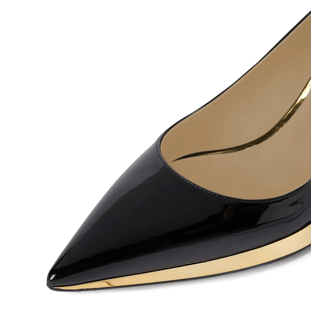 Patent Leather Pointed Gold Platform Heel Black Pumps for Ladies