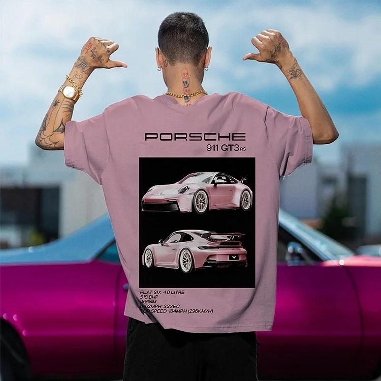 Porsche Car Print Crew Neck Short-Sleeved T-Shirt Top at Hiphopee