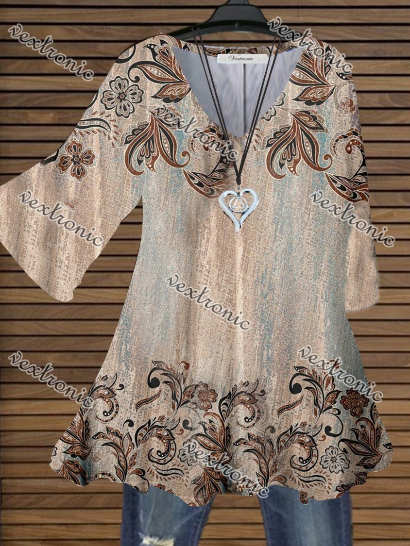 Women Long Sleeve V-neck Graphic Floral Printed Top