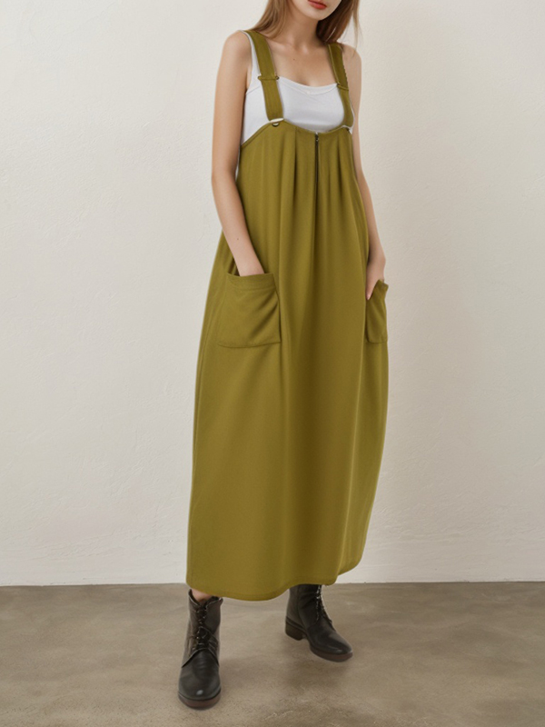 Adjustable Strap Side Pocket  Solid Color Loose Midi Dress