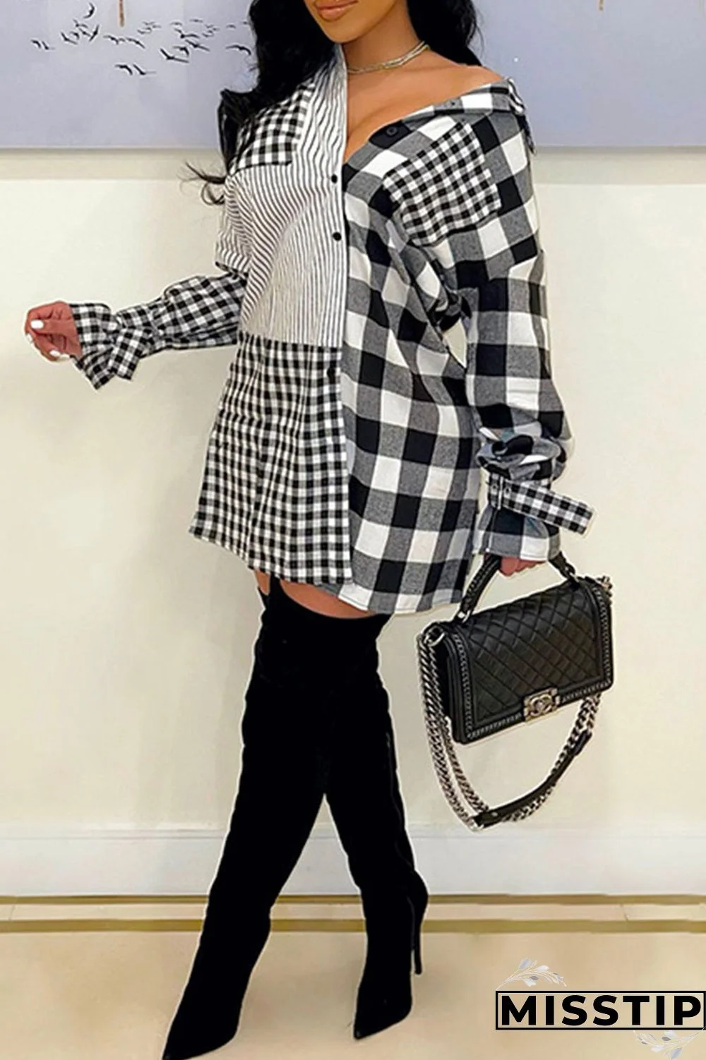 Deep Blue Casual Plaid Print Patchwork Buckle Turndown Collar Shirt Dress Dresses