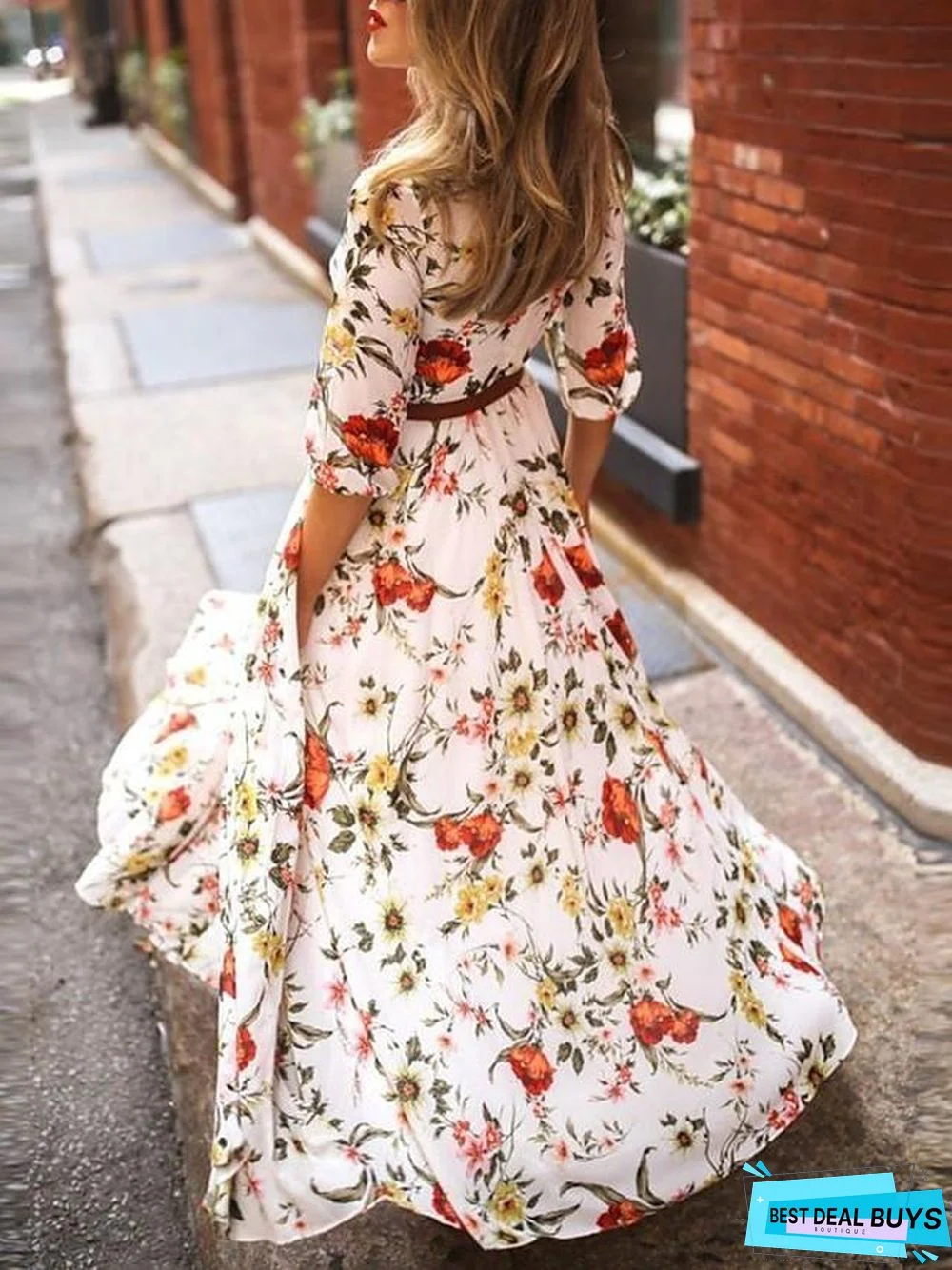 Women's Swing Dress Maxi long Dress - 3/4 Length Sleeve Floral Flower Print Spring Summer Casual Hot Holiday vacation dresses Lantern Sleeve Ruffle White