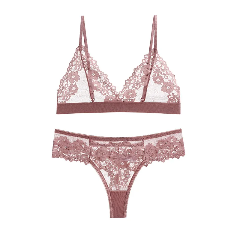 Billionm Lingerie Bra Set Seamless Lace Ultra-Thin Transparent Erotic Bra Thong Set Wire Free See Through Underwear