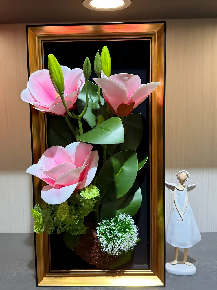 Pink Magnolia Realistic Framed Flower Art (23*45cm) - 3D Artificial Flower Decoration for Living Room & Entryway