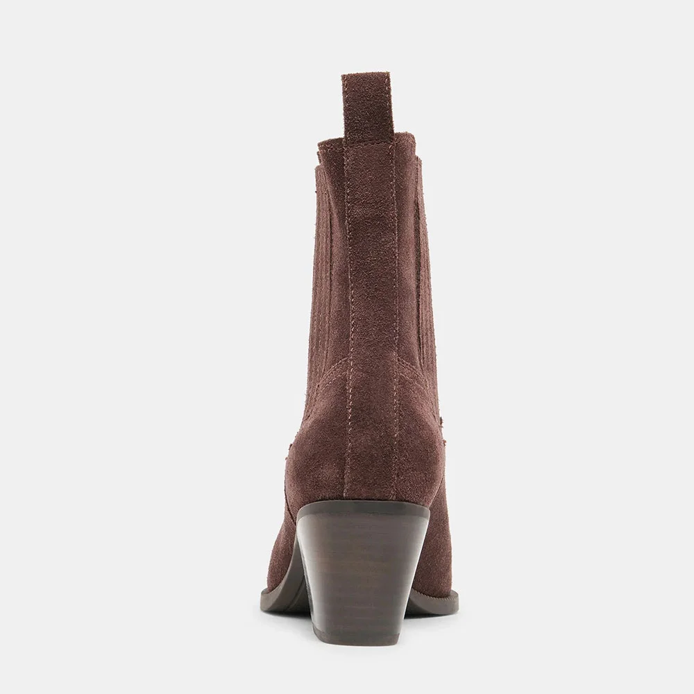 Women's Vegan Suede Pointed Toe Heeled Brown Ankle Cool Chelsea Boots