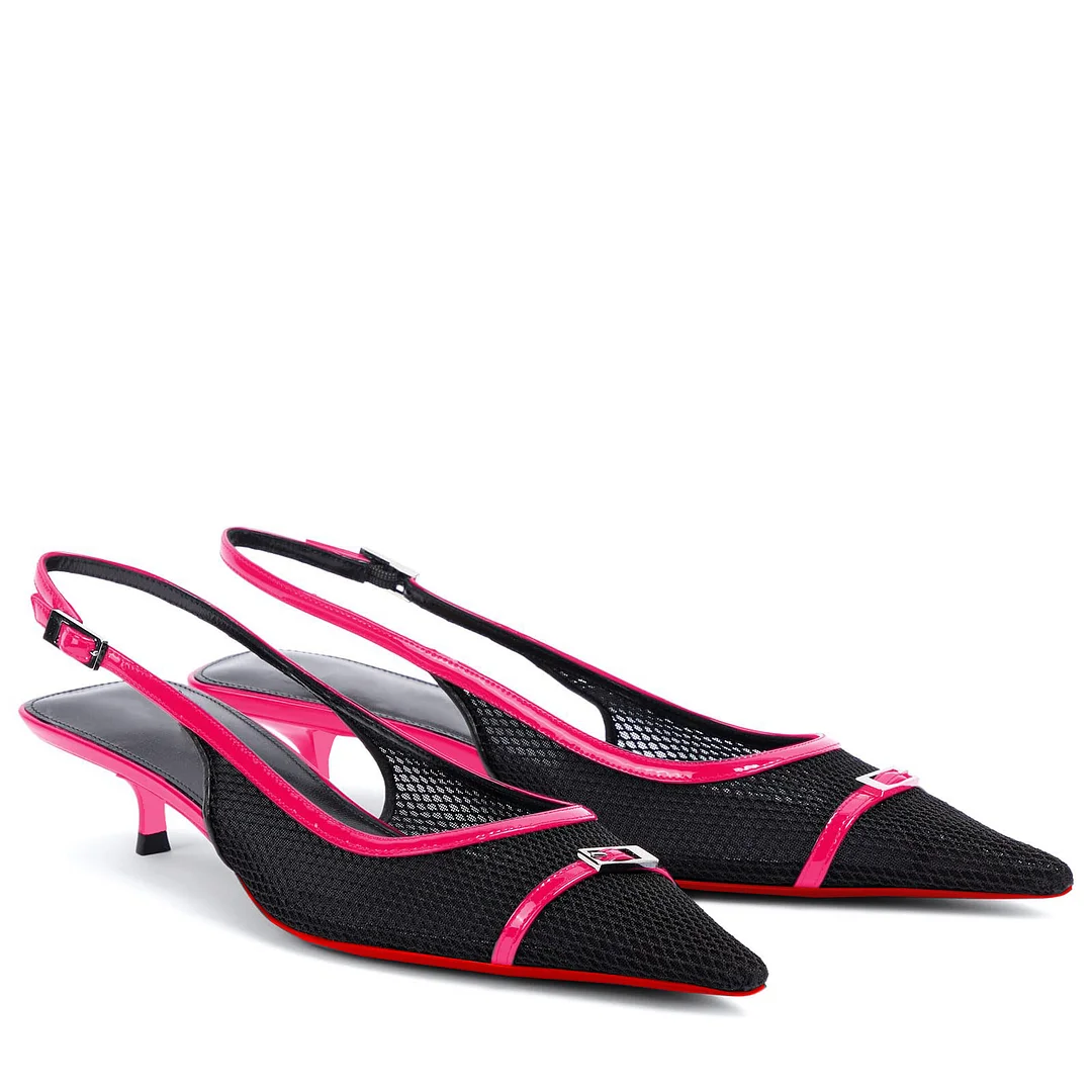 2.36" Women's Pointed Toe Red Bottom Sandals Slingback Shoes Kitten Heel Pumps Mesh Summer Shoes-MERUMOTE