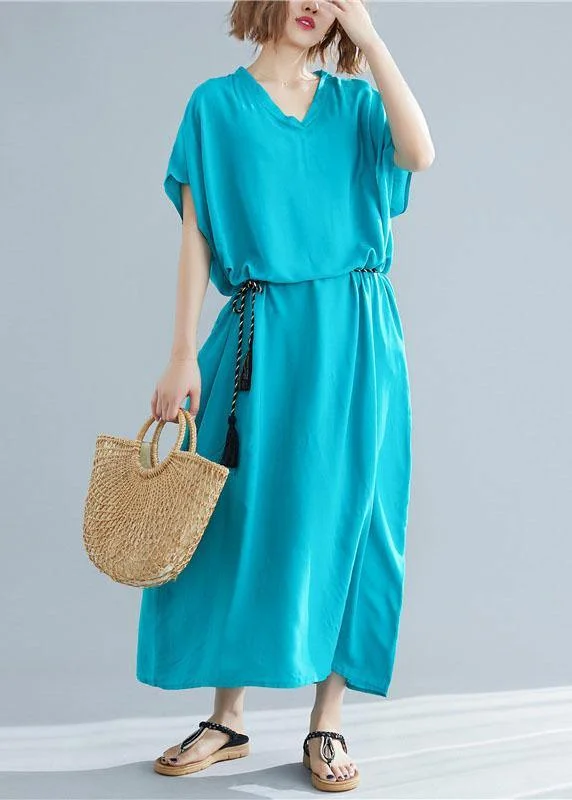 DIY blue green linen clothes For Women v neck pockets Maxi summer Dresses